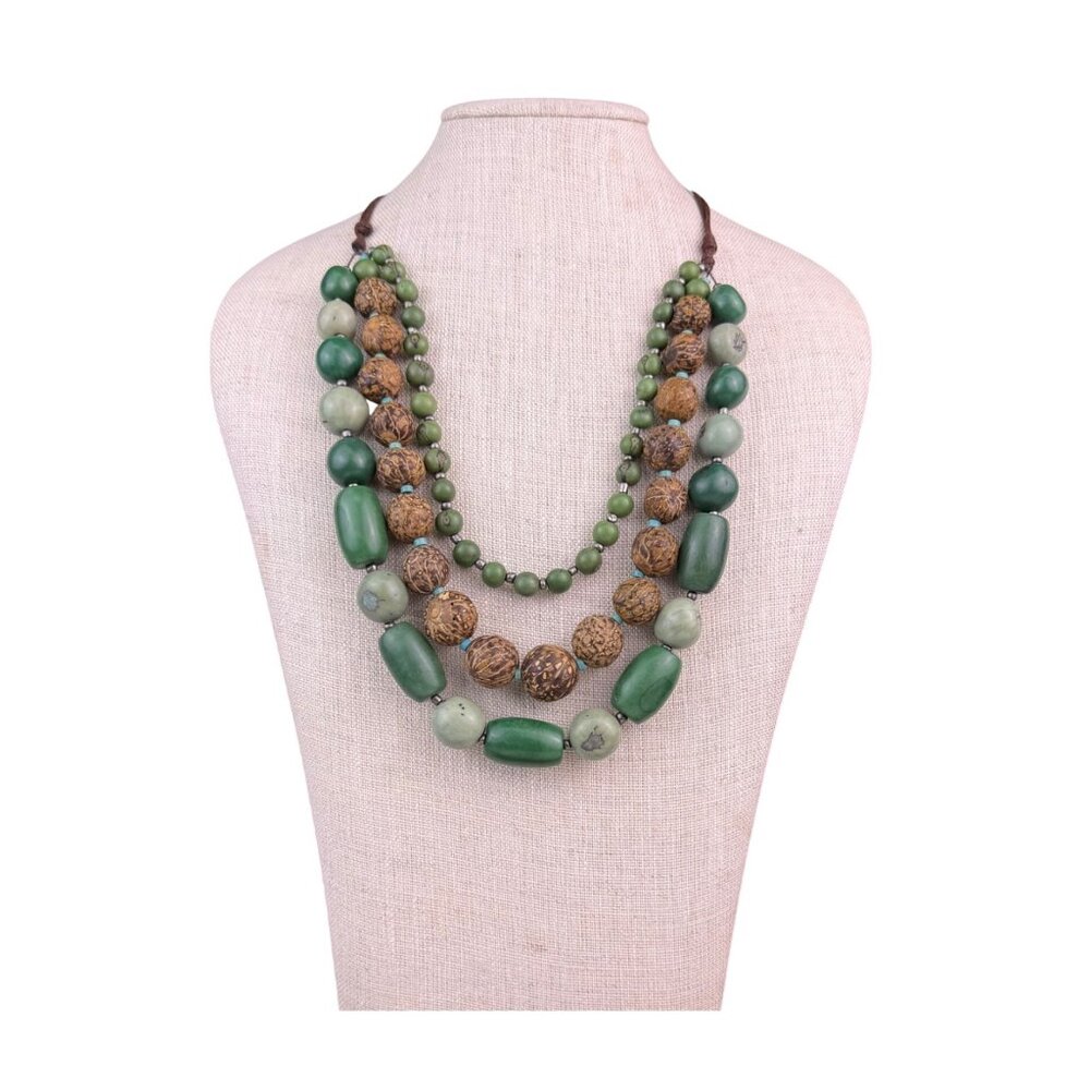 Vintage Multi-Strand Brown Green Beaded Necklace Women’s Wood Celluloid